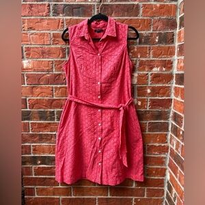 Lands End Womens 10 Coral Pink Eyelet Sleeveless Tie Casual Dress With Pockets